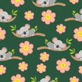 Seamless pattern with koala babies sleeping on eucalyptus branches and pink flowers. Green background. Flat design. Cartoon style. Royalty Free Stock Photo